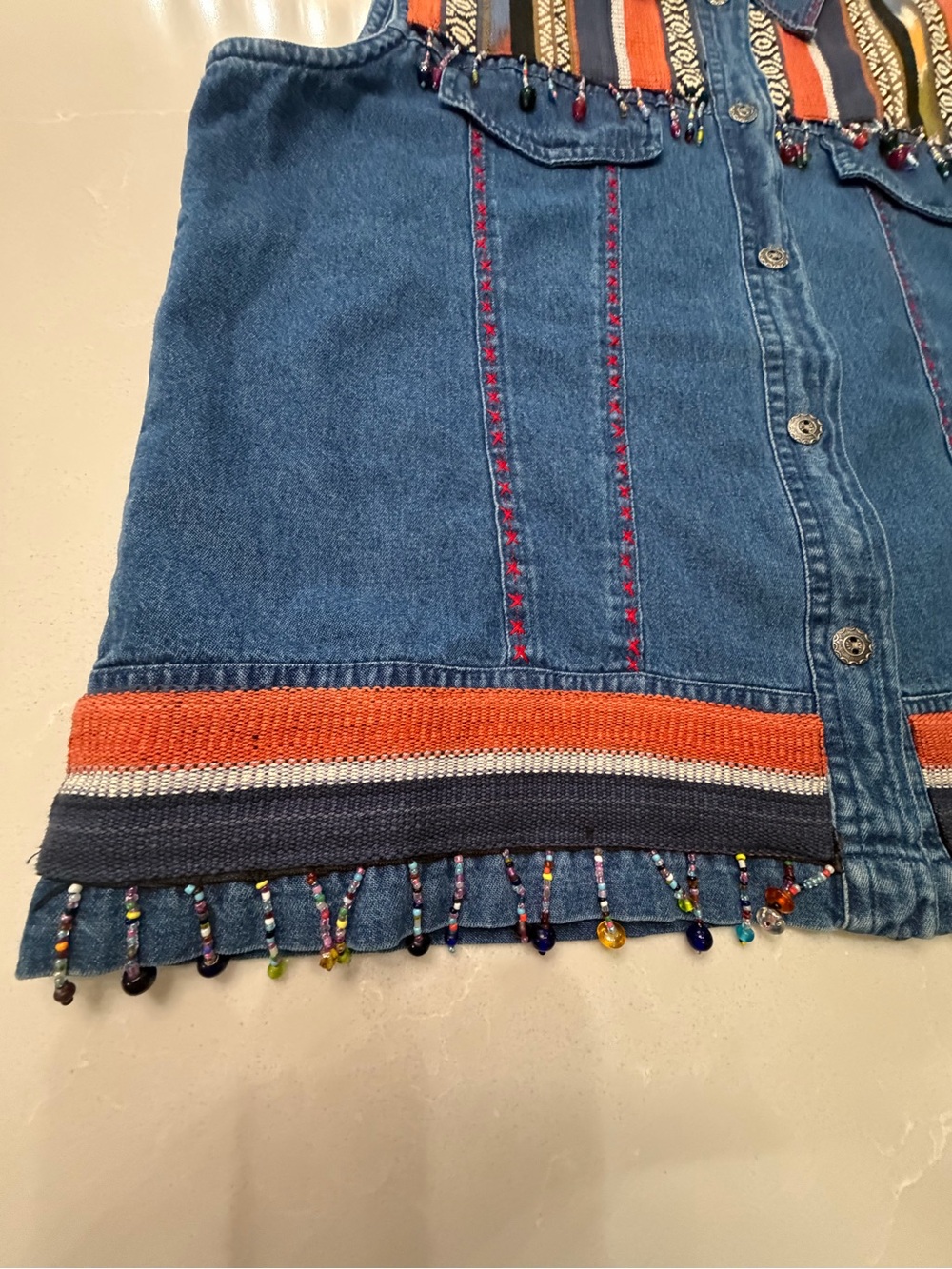 Vintage Southwestern Tantrum Blues Denim Beaded Vest w/ Multicolor Aztec Yoke PL - Picture 2 of 16